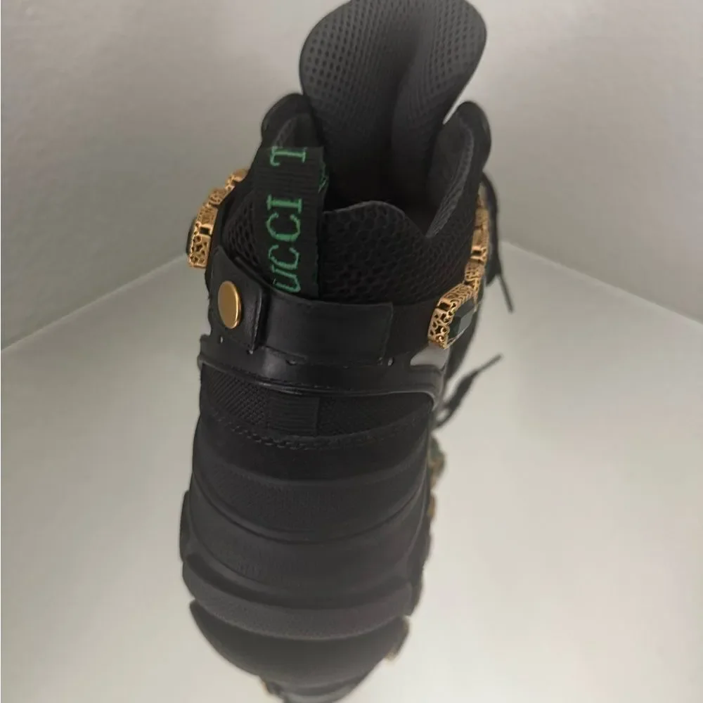 Brand new Gucci Black Mesh and Leather Flashtrek Reflective Removable Crystals